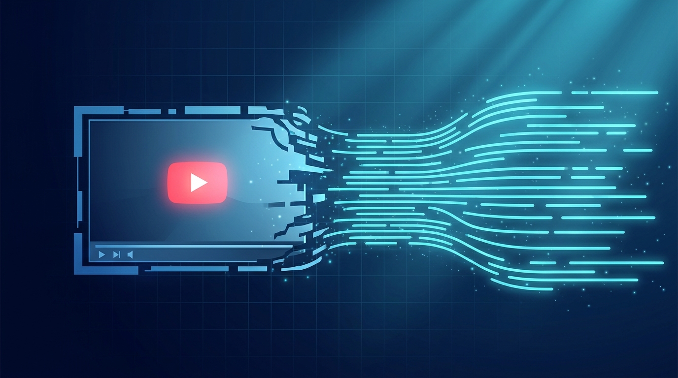 A YouTube video frame dissolving into flowing lines of transcript text