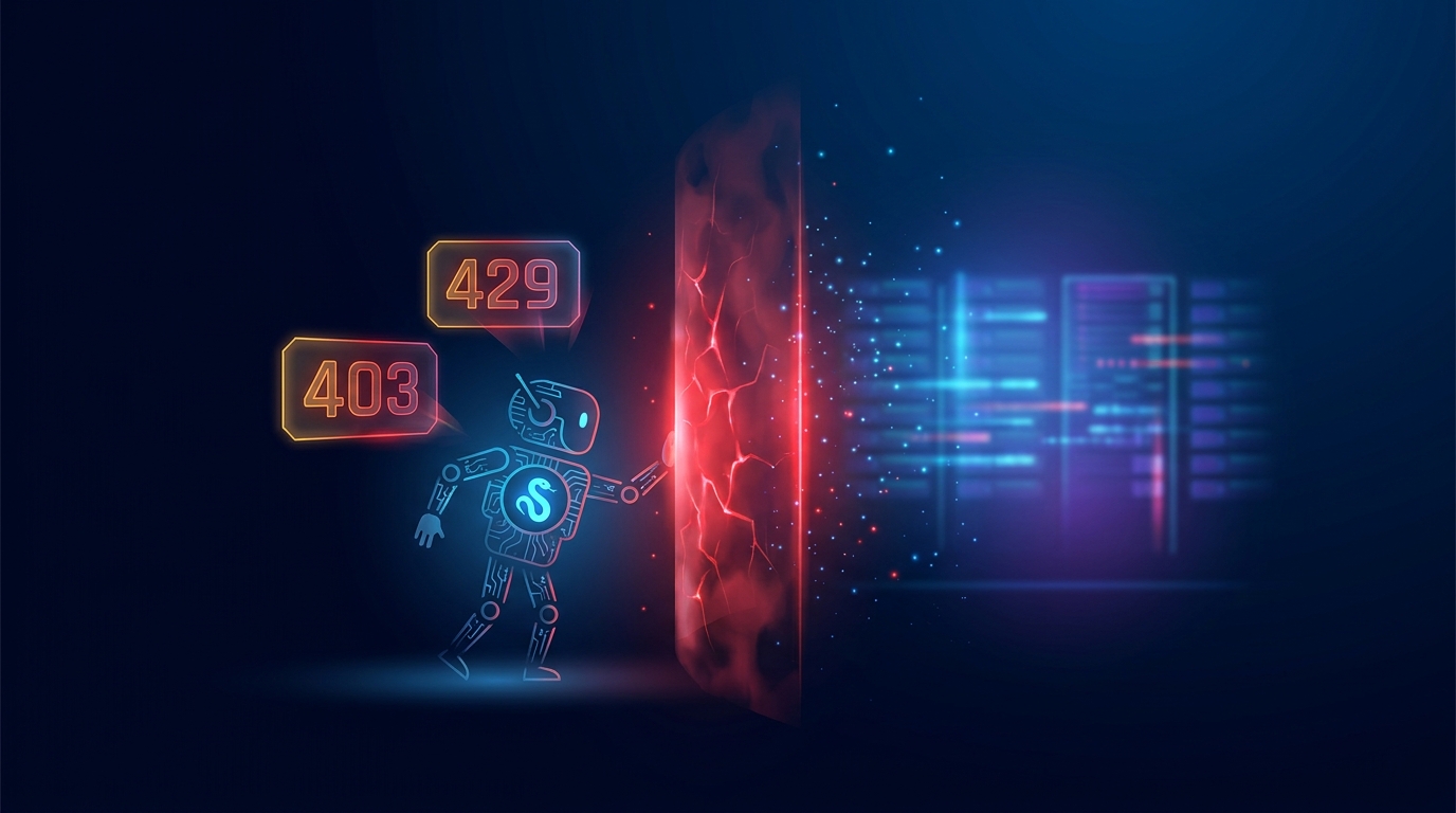 A small bot getting blocked by a glowing red barrier with 429 and 403 error tags floating beside it