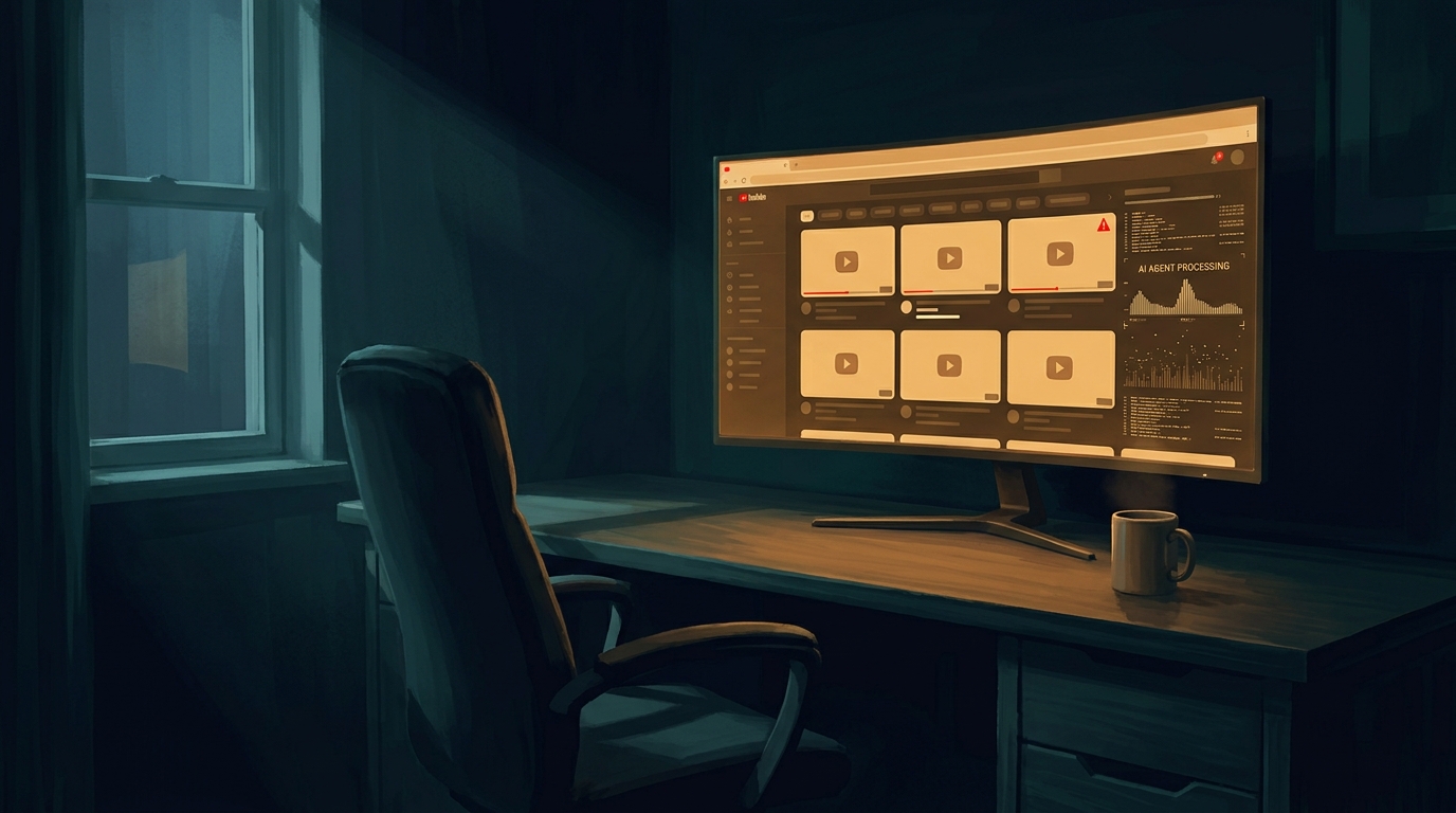 A dimly lit home office at night with a glowing monitor showing an AI agent dashboard processing a grid of YouTube thumbnails, the chair empty and a coffee mug on the desk