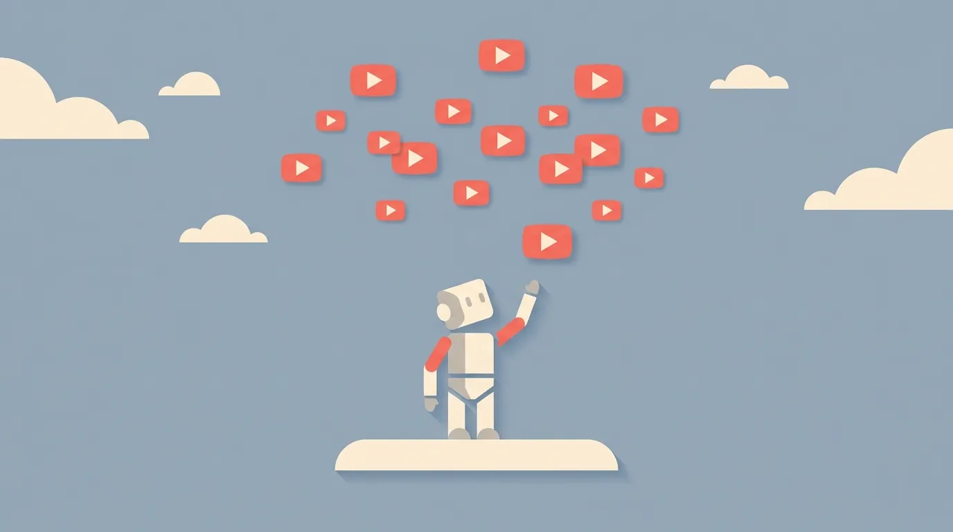 A robot reaching up toward floating video icons, representing an agent needing YouTube data.