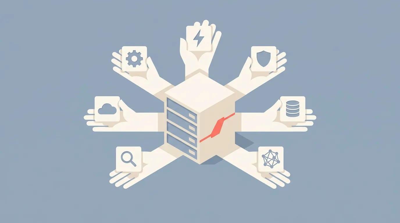 A server with offering hands extending capability cards, representing MCP capabilities.