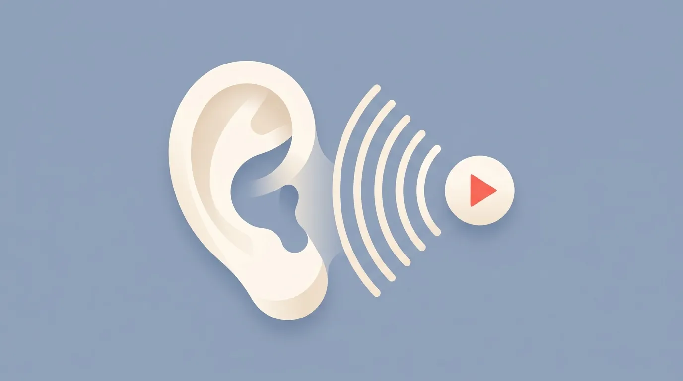 An ear listening to sound waves from a video, representing TranscriptAPI as the hearing sense.