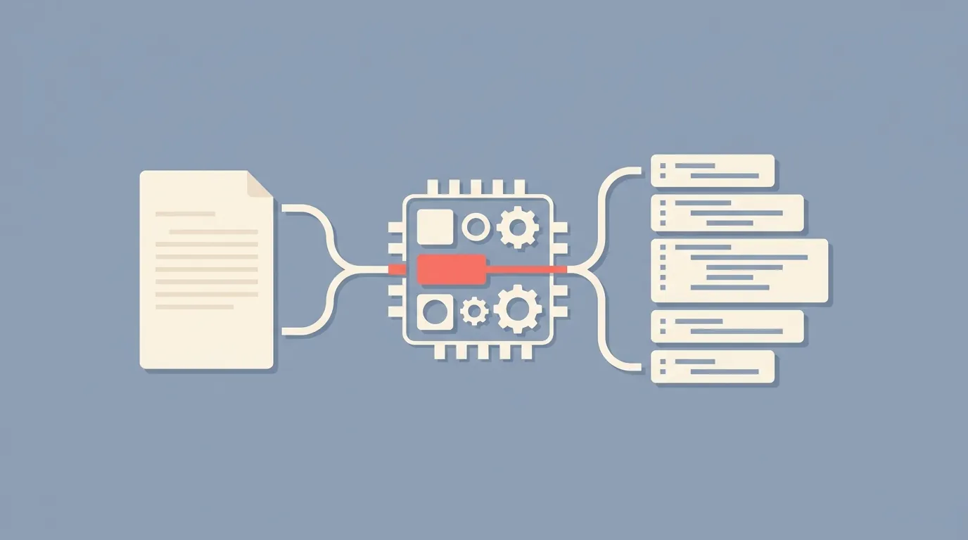 A transcript document transforming into code blocks through a processor shape.