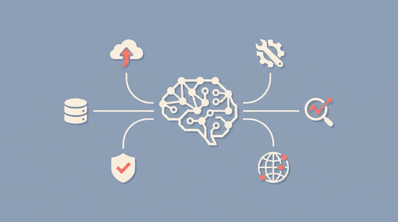A central AI model with multiple MCP-compatible tool icons radiating outward.