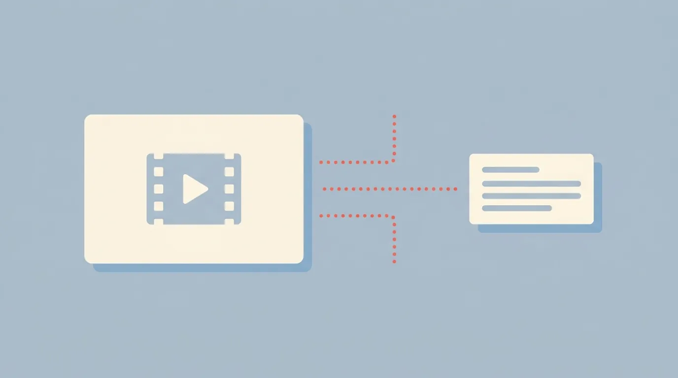A video file connected by dotted lines to a separate caption document, showing separate storage.