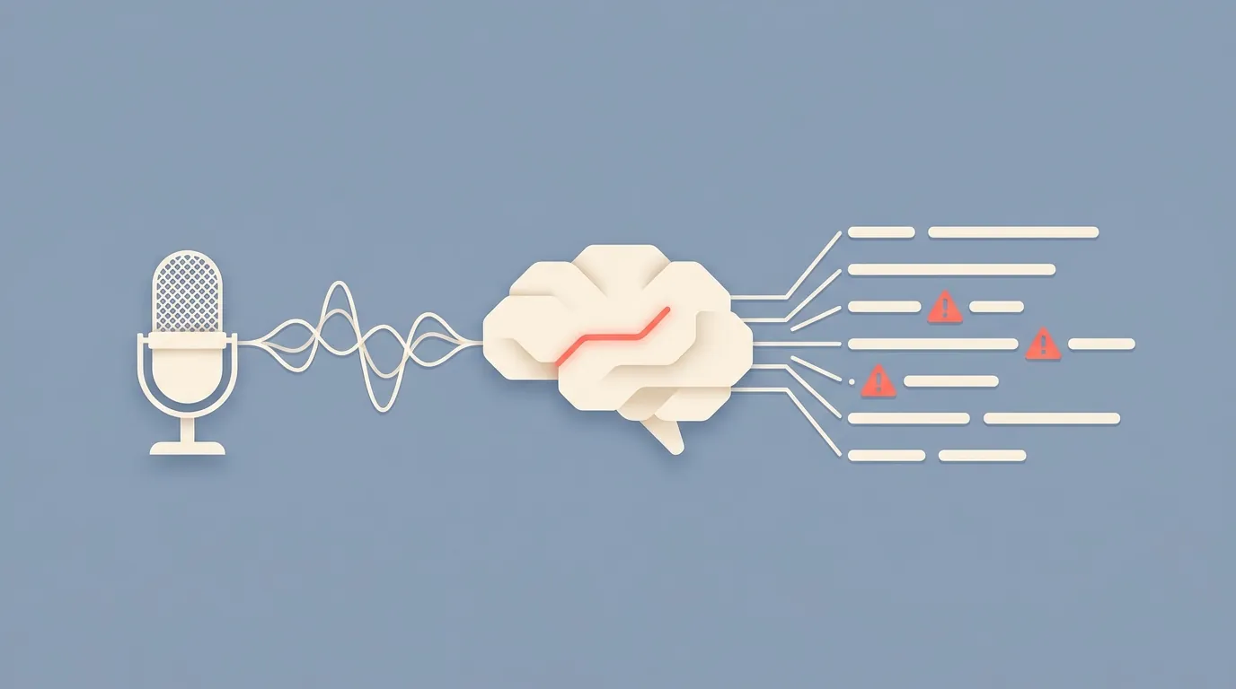 A microphone feeding audio into an ML model producing caption lines, some with warning marks.
