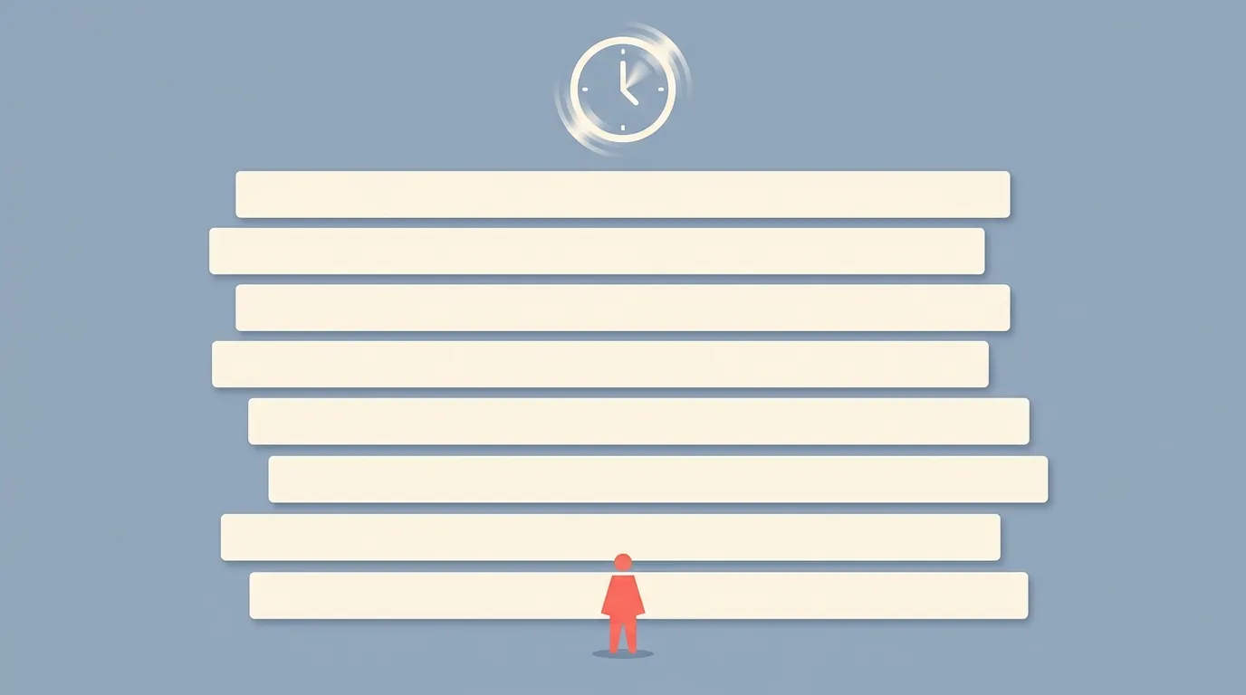 Long video timelines towering over a small student figure with a spinning clock.