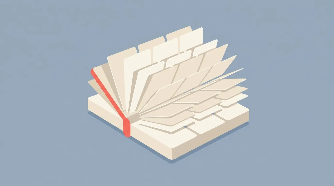 A notebook opening with flashcards and summary pages flipping out in rows.