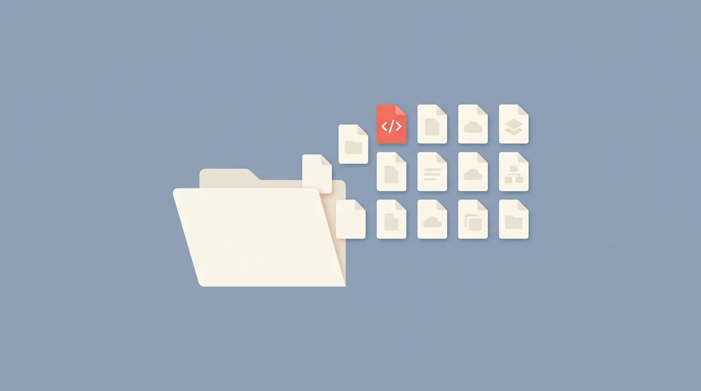 A folder being populated with neatly organized file icons, representing project setup.