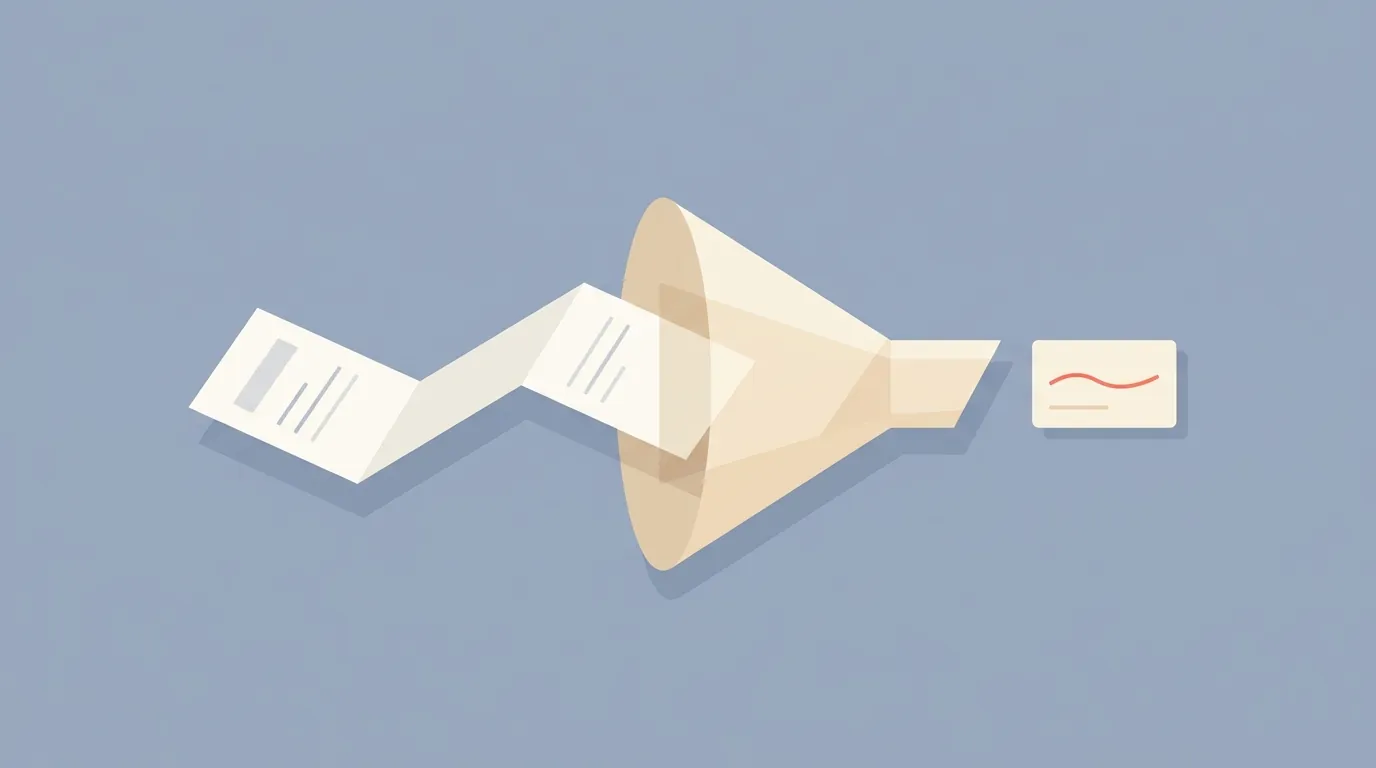 A long transcript being compressed through a funnel into a short summary card.