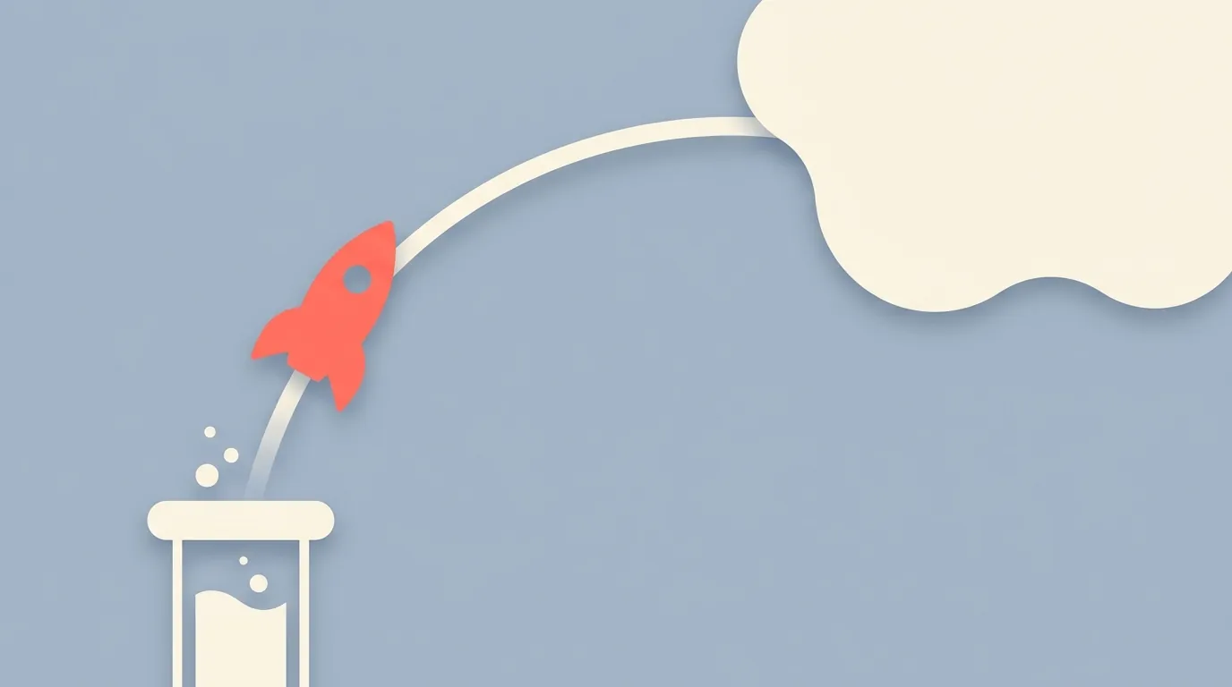 A rocket launching from a test tube toward a cloud, representing test and deploy.