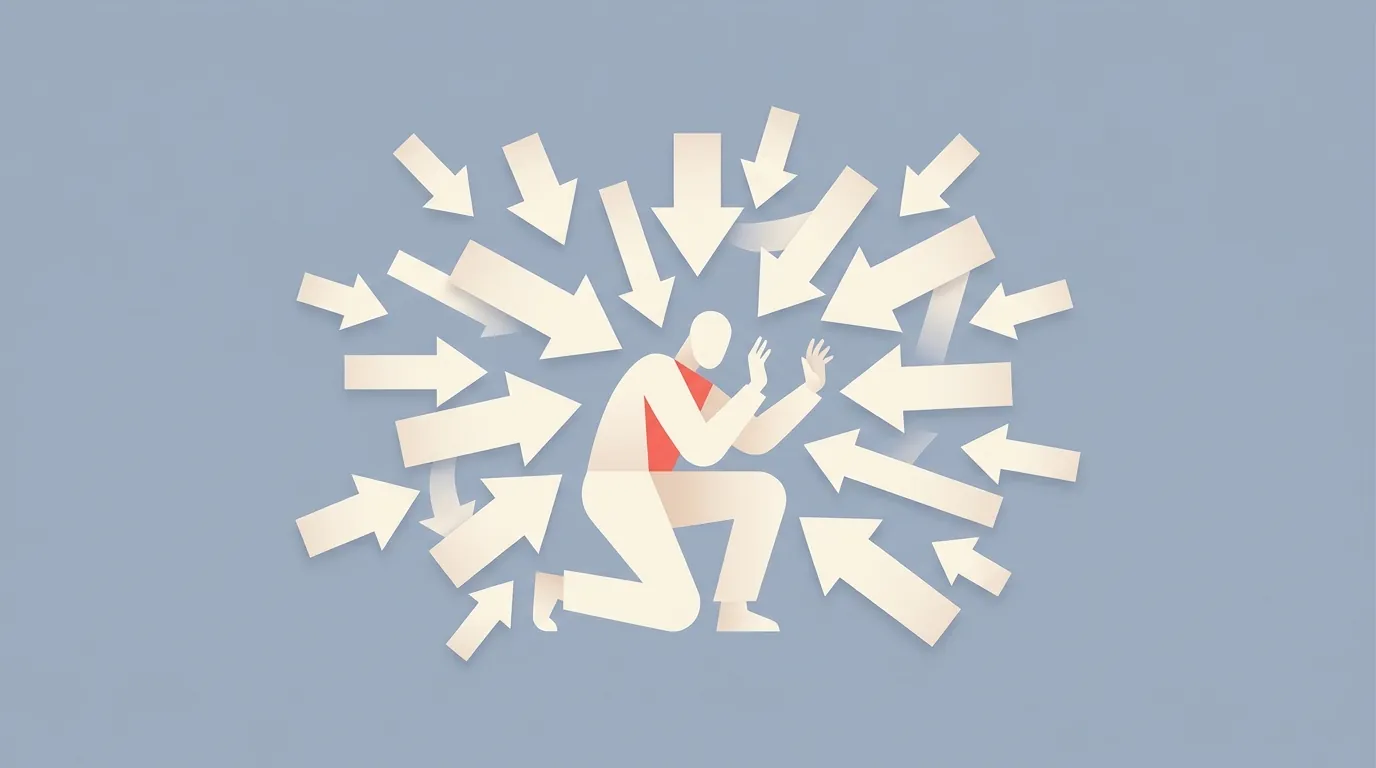 A single agent overwhelmed by task arrows from all directions.