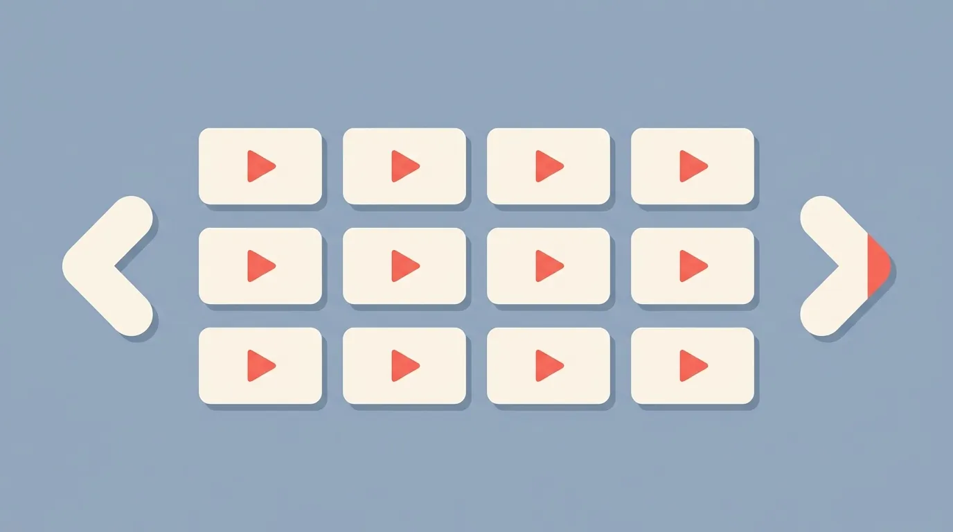 A grid of video thumbnail cards with pagination arrows, representing a paginated channel list.
