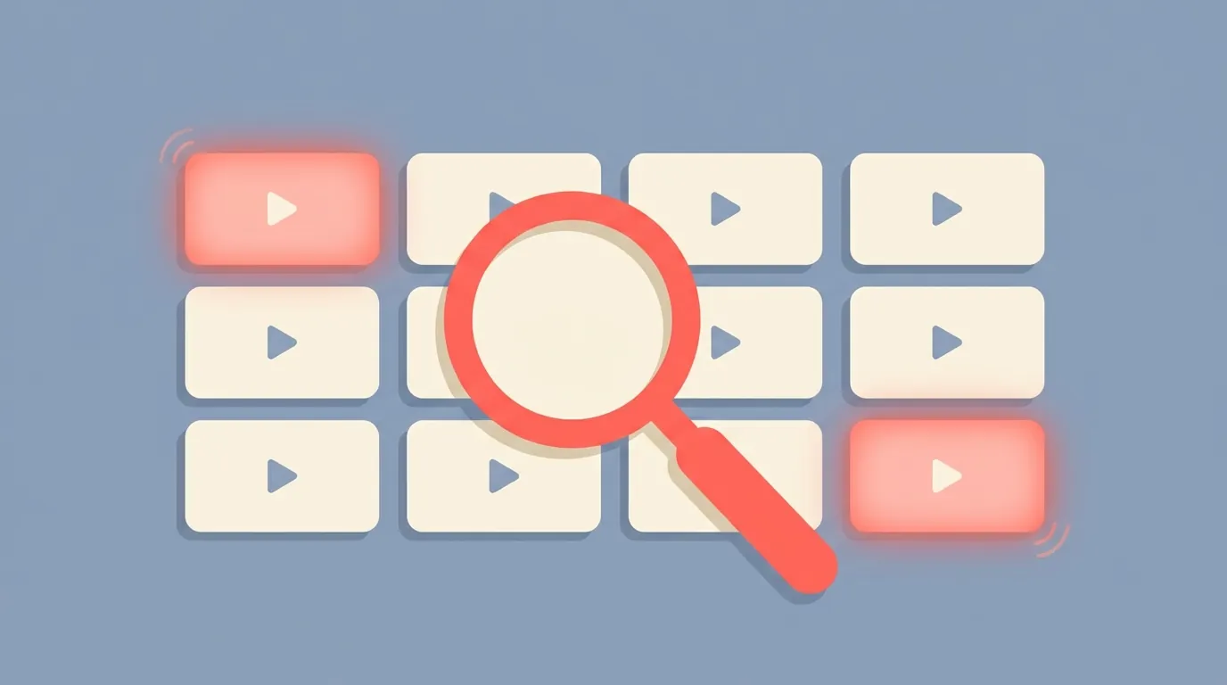 A magnifying glass over a grid of video thumbnails with two highlighted as matches.
