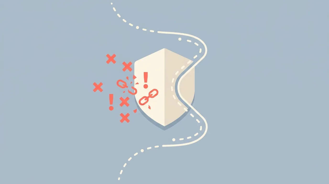 A shield deflecting error symbols with a fallback path curving around it.