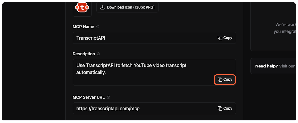 Copy MCP Description from TranscriptAPI for YouTube Transcript MCP