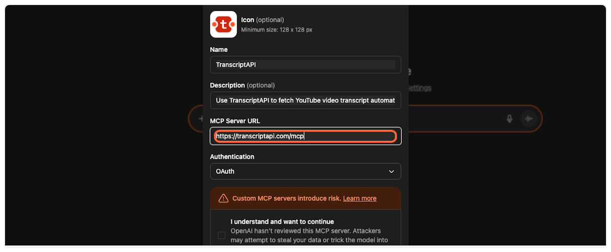 Paste server URL into ChatGPT for YouTube Transcript MCP