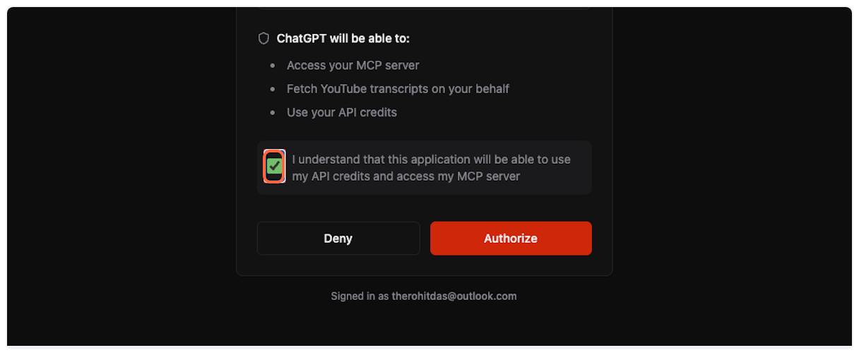 Check box to acknowledge API credit usage for YouTube Transcript MCP