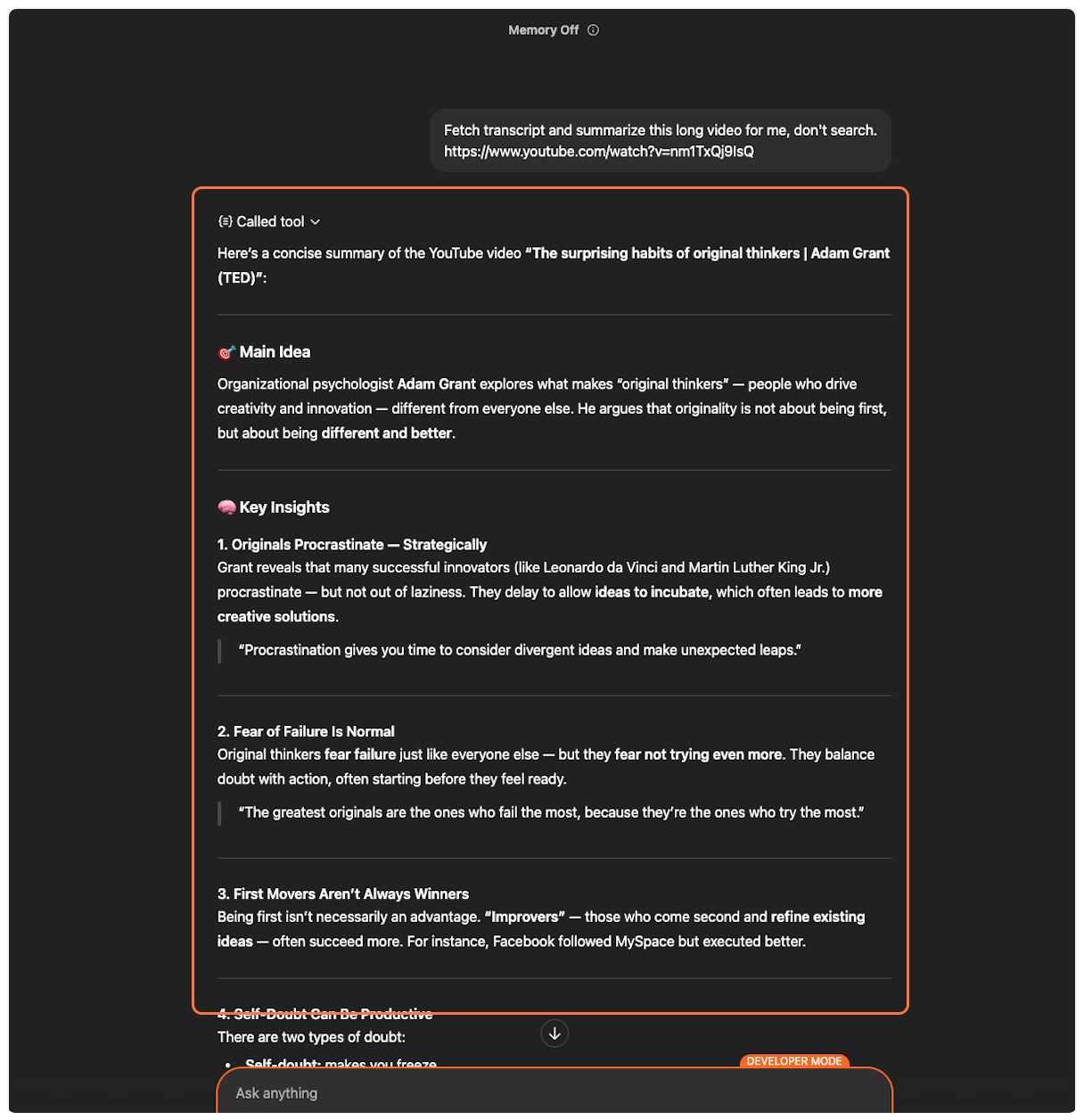 YouTube Transcript MCP successfully returns transcript for processing