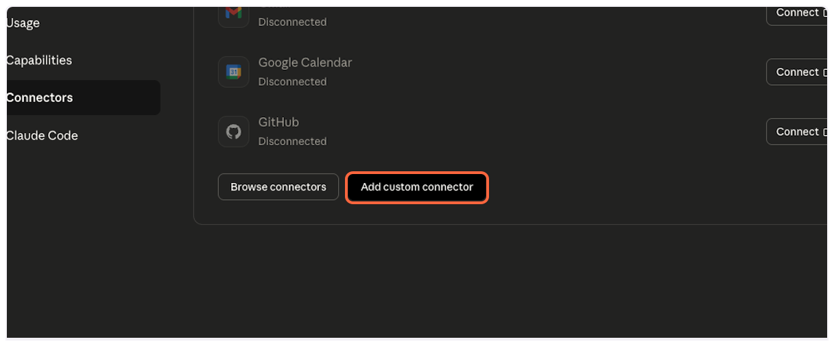Click on Add custom connector in Claude settings - YouTube Transcript MCP