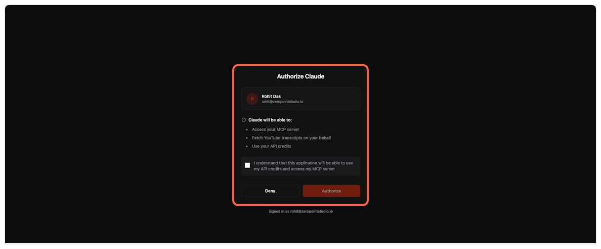 TranscriptAPI OAuth authorization page - YouTube Transcript API