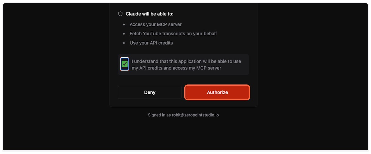 Click Authorize button - YouTube Transcript MCP