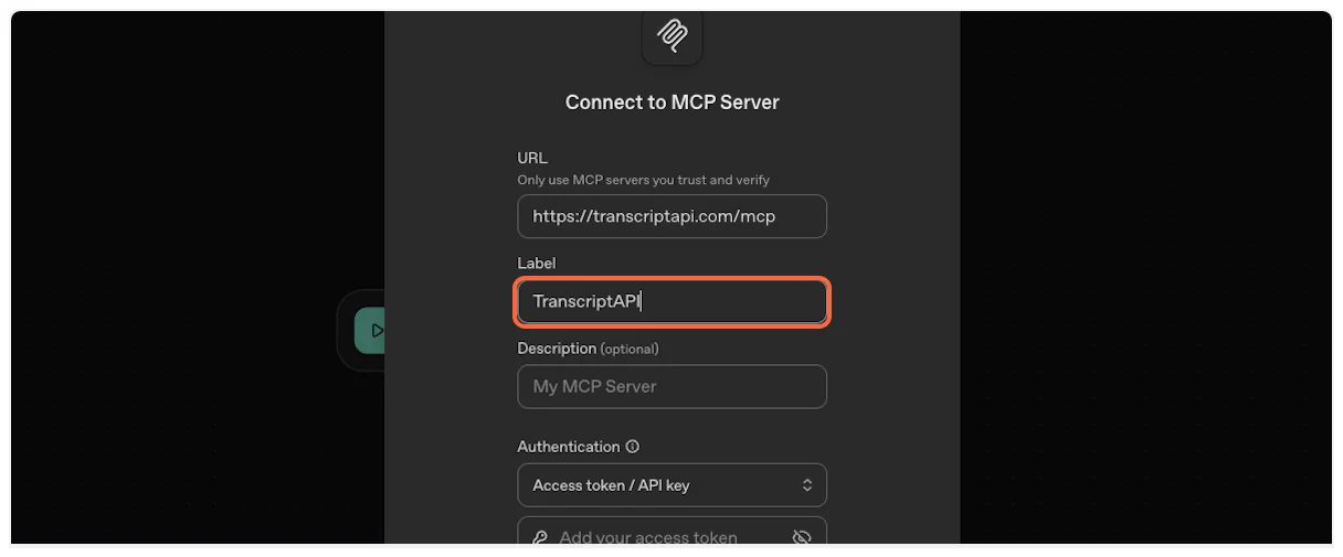 Enter TranscriptAPI name for YouTube Transcript MCP