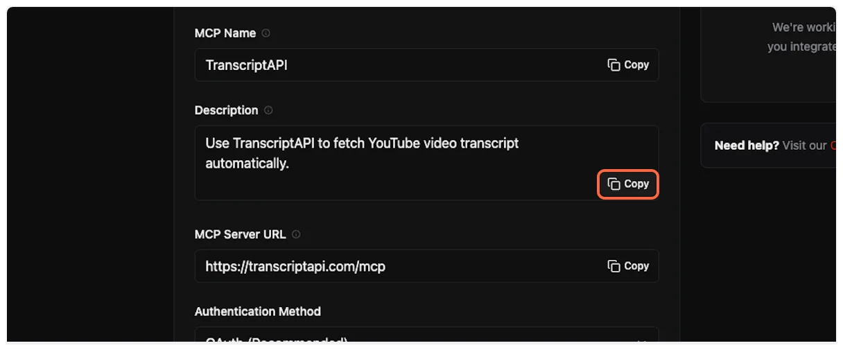 Copy MCP description from TranscriptAPI for YouTube Transcript API