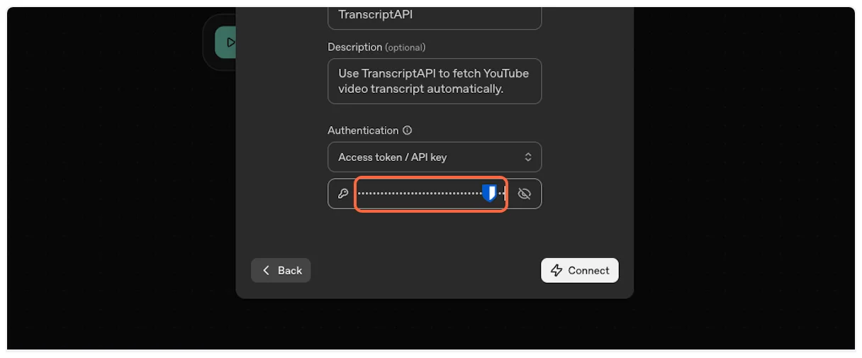 Paste API key for YouTube Transcript MCP authentication