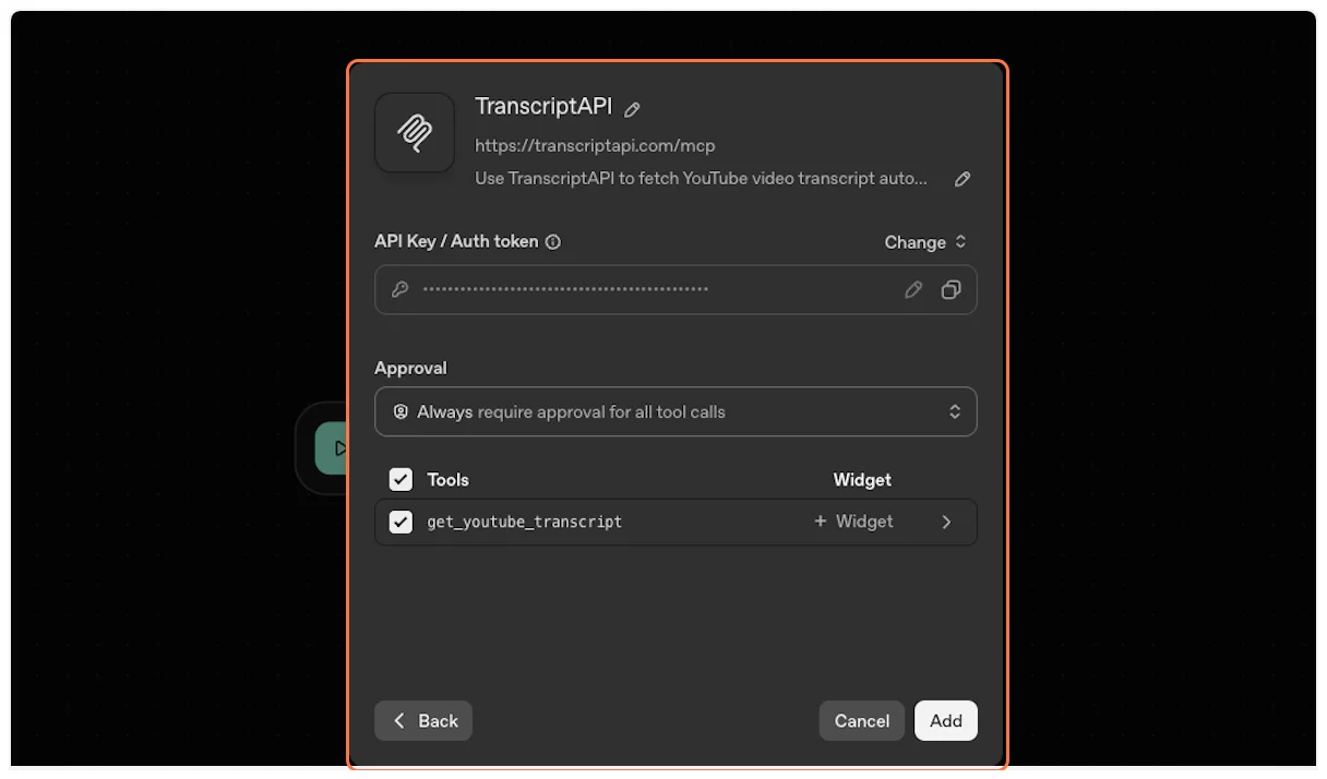 TranscriptAPI MCP authentication successful for YouTube Transcript API