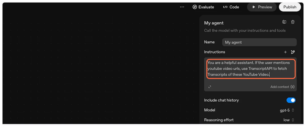 Add instructions for agent to use YouTube Transcript MCP